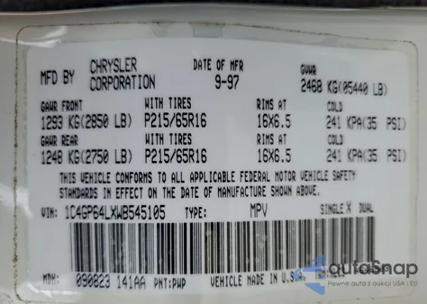 1998 Chrysler Town & Country Lxi из США, поврежденный, VIN 1C4GP64LXWB545105